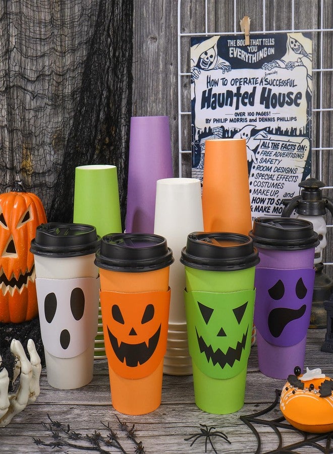 JarThenaAMCS مجموعة أكواب قهوة JarThenaAMCS للهالوين، 48 كوبًا، مع أغطية وأكمام، سعة 16 أونصة، أكواب ورقية ملونة بتصميم أشباح مرحة، أكواب قهوة للاستخدام مرة واحدة، مناسبة للمقاهي والمتاجر، للكابتشينو والمشروبات الشوكولاتة. - Image 3